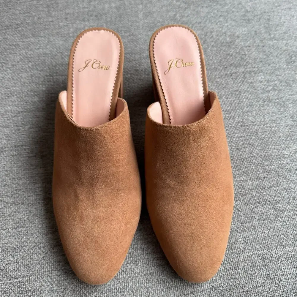J Crew Ashen Brown Suede High Block-Heel Mules Clogs Shoes Women's Sz 6